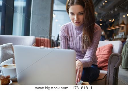 Beautiful brunette using laptop in cafe. Blogger work concept