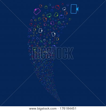 Monitor random fireworks stream. Vector illustration style is flat bright multicolored iconic symbols on a blue background. Object fountain done from scattered design elements.