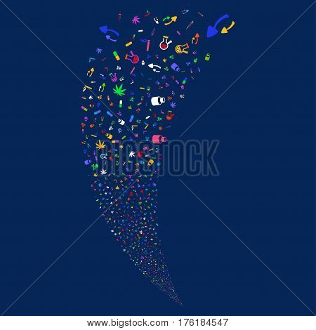 Narcotic Drugs random fireworks stream. Vector illustration style is flat bright multicolored iconic symbols on a blue background. Object fountain done from scattered symbols.