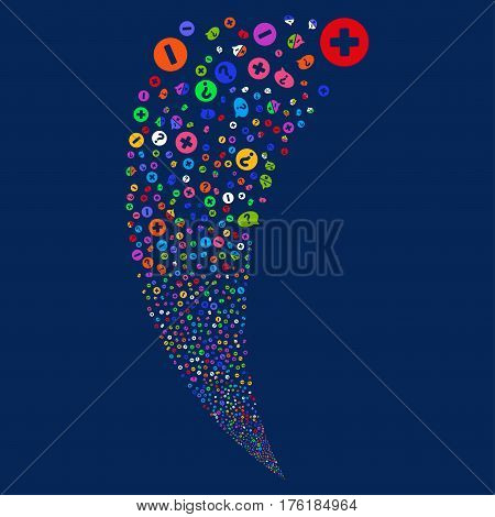 Pros And Cons Arguments random fireworks stream. Vector illustration style is flat bright multicolored iconic symbols on a blue background. Object fountain combined from scattered pictographs.