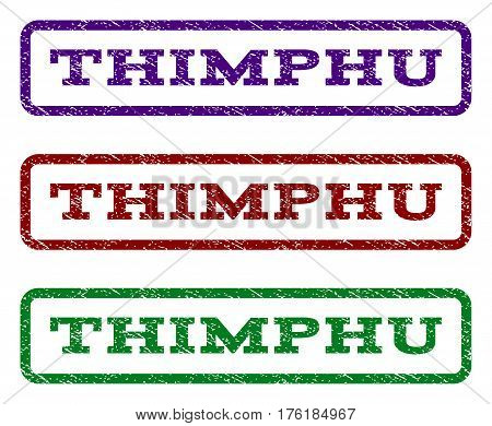 Thimphu watermark stamp. Text tag inside rounded rectangle with grunge design style. Vector variants are indigo blue, red, green ink colors. Rubber seal stamp with scratched texture.