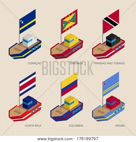 Isometric Ships With Flags: Curacao, Grenada, Costa Rica, Colombia, Aruba