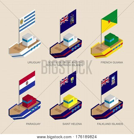 Set Of Isometric Ships With Flags Of South America Countries