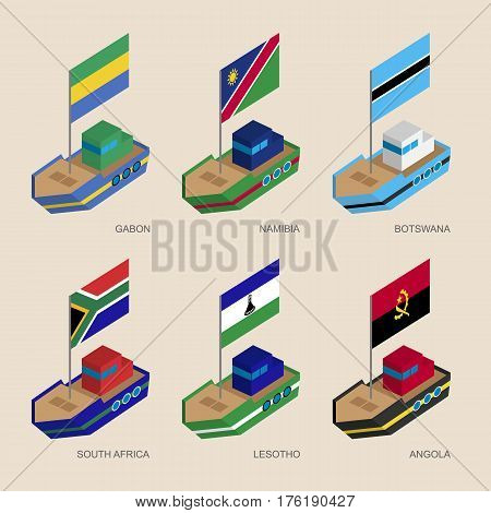 Set Of Isometric Ships With Flags Of African Countries