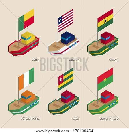 Set Of Isometric Ships With Flags Of African Countries