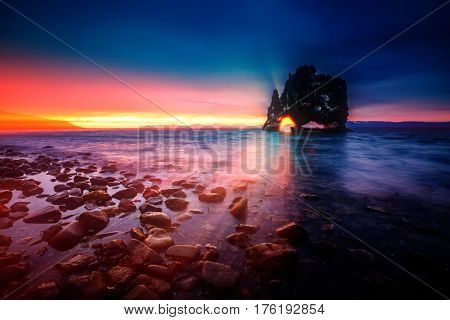 Scenic surroundings after the tide in dusk. Dramatic and wonderful scene. Location place Hvitserkur, Vatnsnes peninsula, island Iceland, Europe. Popular tourist attraction. World of beauty.