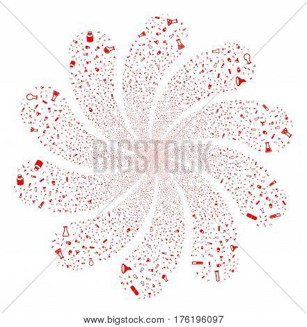 Chemistry Tubes fireworks swirl flower with ten petals. Vector illustration style is flat red scattered symbols. Object whirl combined from random icons.