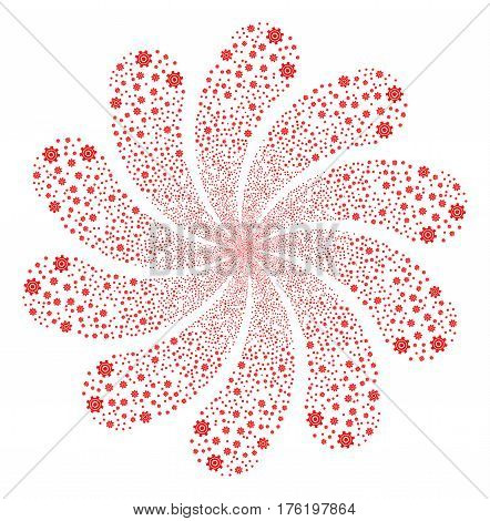 Cogwheel fireworks swirl flower with ten petals. Vector illustration style is flat red scattered symbols. Object whirlpool done from random design elements.