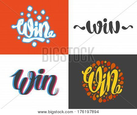 Win text sign test success message contest promotion banner competition and award lucky lottery word modern reward gamble champion vector illustration. Decoration label entry chance element.