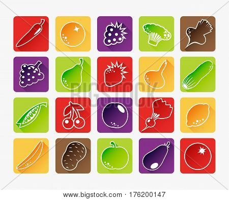 Set of icons with fruit and vegetables. Vector illustration.
