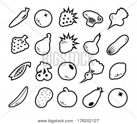 Set of vector icons with contour of fruit and vegetables. Vector illustration.