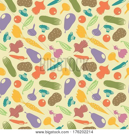Seamless pattern with colored vegetables. Vector illustration.