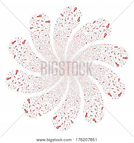 Key fireworks swirl flower with ten petals. Vector illustration style is flat red scattered symbols. Object whirlpool created from random design elements.