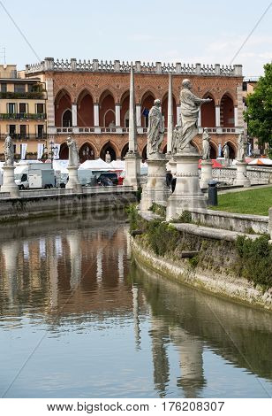 PADUA ITALY - MAY 3 2016: Lodge Amulea in the Great piazza of Prato della Valle also known as Ca' Duodo Palazzo Zacco in Padua Italy