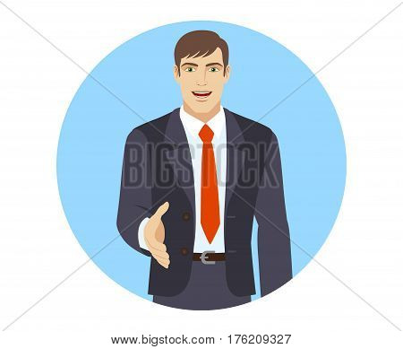 Businessman gives a hand for a handshake. Portrait of businessman in a flat style. Vector illustration.