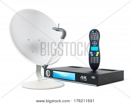 Satellite dish 4K ultra HD receiver remote controller isolated on white background. 3D illustration.