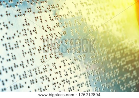 Braille text on metal sheet for blind people represent something about bear in the zoo.