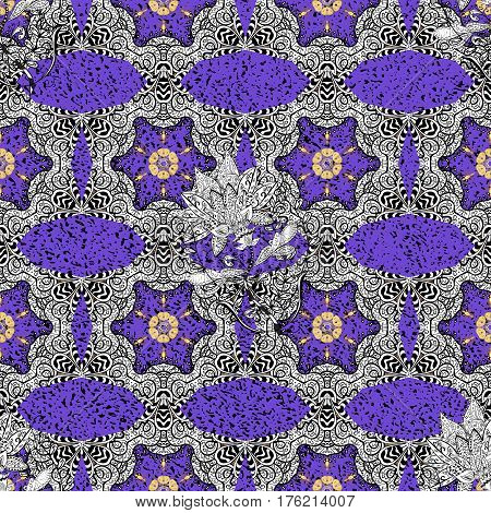 Damask Seamless Pattern Repeating Background. Gold Violet Floral Ornament In Baroque Style. Antique 