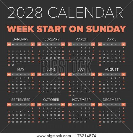 Simple 2028 year calendar, week starts on Sunday