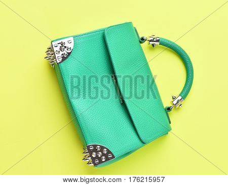 Small Womans Leather Green Bag With Metallic Spikes On Yellow