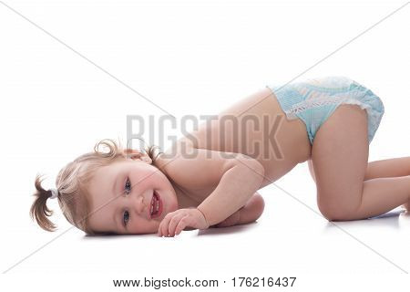 Funny baby. Excited little baby girl wearing a diaper laughing joyfully having fun at studio isolated on white copyspace family parenting baby child kid love laughter concept