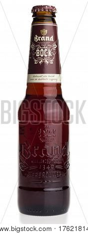 GRONINGEN, NETHERLANDS - MARCH 13, 2017: Bottle of Dutch Brand Dubbel Bock beer isolated on a white background