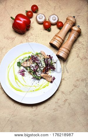 Cooked Fish With Fresh Salad Leaves And Vegetables