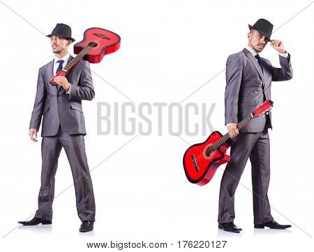 Businessman quitar player isolated on white