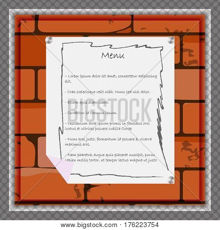 A paper sheet for menu or other information on the background of a brick wall. Vector