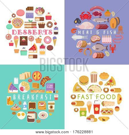 Food and drink flat illustration collection Meat, fish , bread, seafood, fast food, dessert. Breakfast icons. Circular composition. Cartoon casual style