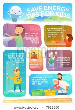 Save energy tips for kids. Web infographic about how to save energy. Save energy. Save water. Save gas. Save On Home Heating. Energy Saving Tips. Vector illustration.