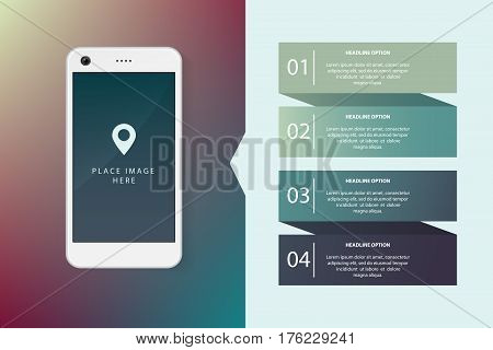 Smartphone realistic illustration with flat infographics elements. Template for website, business presentation, demonstration of mobile application development.