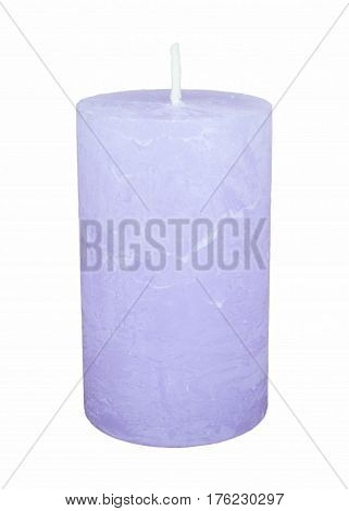 Blue unlighted paraffin candle close-up on white background