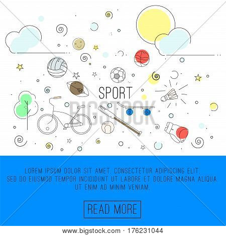 Sport or healthy lifestyle concept banner. Flat design.Vector banner for your web design. Outline icons of healthy food and sport.