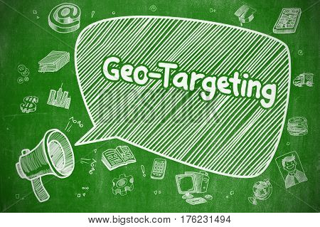 Screaming Megaphone with Text Geo-Targeting on Speech Bubble. Cartoon Illustration. Business Concept. Geo-Targeting on Speech Bubble. Cartoon Illustration of Yelling Megaphone. Advertising Concept.
