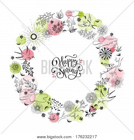 Hand drawn spring objects frame. Collection of spring accessories in circle shape isolated on white background. Happy spring greeting card.