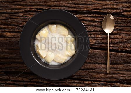Durian Coconut Milk Sticky Rice Still Life On Wooden Background