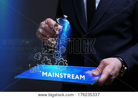Business, Technology, Internet And Network Concept. Young Businessman Working On A Virtual Screen Of