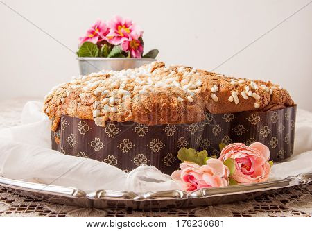 Easter dove on a board with lace tablecloth and a jar with primroses.