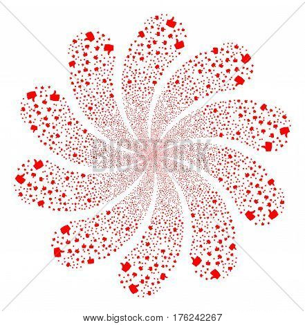 Thumb Up fireworks swirl flower with ten petals. Vector illustration style is flat red scattered symbols. Object twirl done from random pictograms.