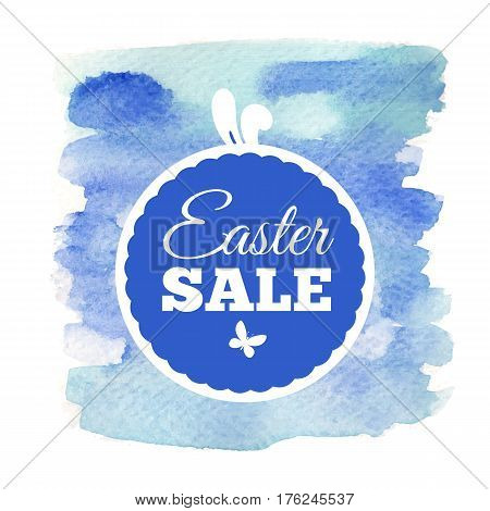 Easter Sale card on watercolor blue background. Can be used for print banners, bags, posters, cards, stationery and for web banners, advertisement . Vector illustration