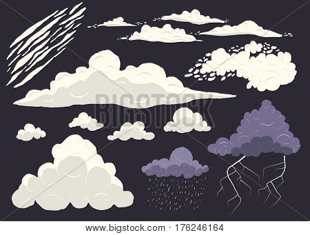 Cloud vector set isolated on dark background, cartoon storm cloudscape with different types.