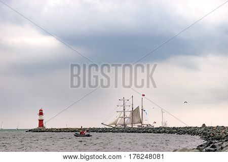 Sailing ship on the sea. Tall Ship.Yachting and Sailing travel. Cruises and holidays. Postcard and Book cover.
