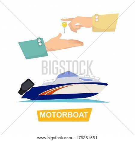 Buying blue and white speed motorboat on white background. Boat selling encouraging customers vector illustration. Advertising modern kinds of transport by getting new key of beautiful ship.