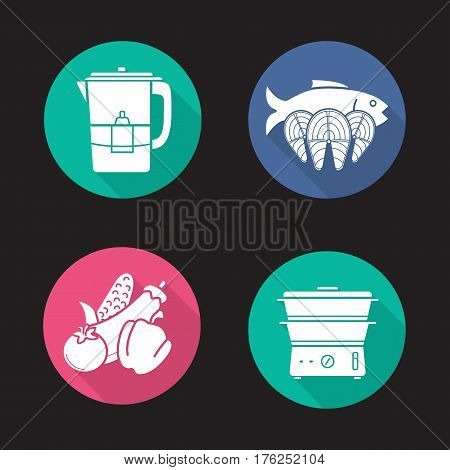Steam cooking flat design long shadow icons set. Vegetables, salmon fish steaks, water filter and steam cooker. Vector silhouette illustration