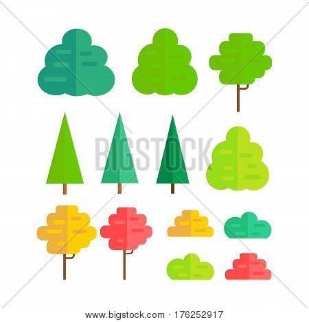 Set of isolated trees design flat. Tree forest, leaf tree isolated, tree branch nature green, plant eco branch tree, organic natural wood illustration