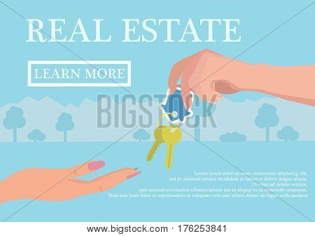 Vector real estate concept in flat style - businessmans hand giving keys to buyer, web banner, houses for sale or rent.