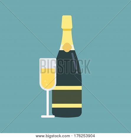 Champagne bottle with glass. Illustration in a flat design style. Vector stock.