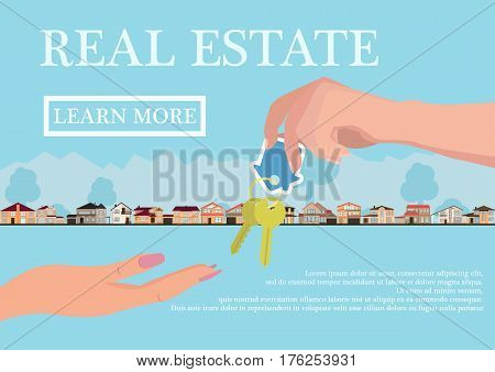 Vector real estate concept in flat style - businessmans hand giving keys to buyer, web banner, houses for sale or rent.