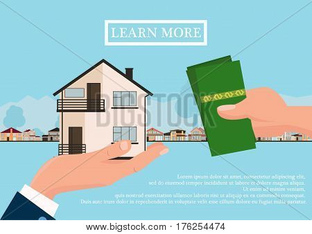Vector real estate concept in flat style - businessmans hand giving house and buyer give money, web banner, houses for sale or rent.